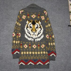 Vintage Free People Tiger Intarsia Cardigan Women L Gray Wool Blend Shawl Collar